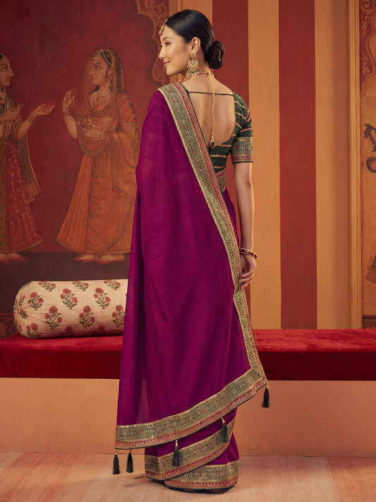 Wine Chiffon Saree with Zari Border