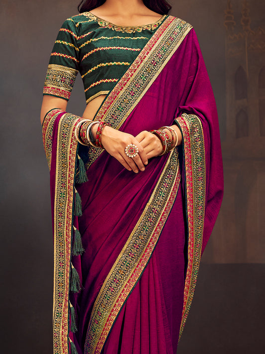 Magenta Silk Saree with Embroidered Border & Green Blouse