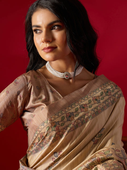 Beige Kalamkari Art Silk Saree