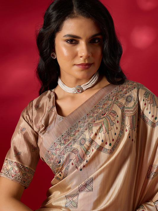 Beige Kalamkari Art Silk Saree