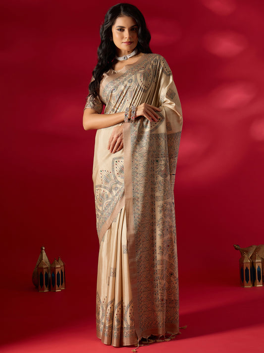 Beige Kalamkari Art Silk Saree