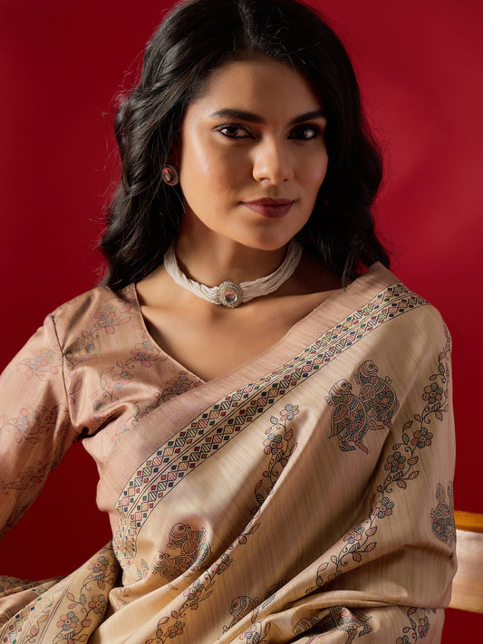 Beige Kalamkari Digital Print Art Silk Saree
