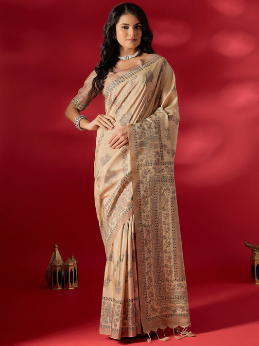Beige Kalamkari Digital Print Art Silk Saree