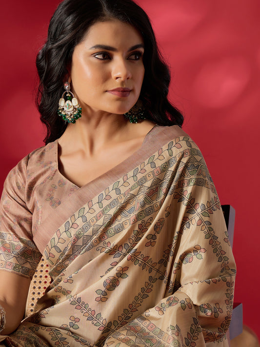 Beige Kalamkari Digital Print Art Silk Saree