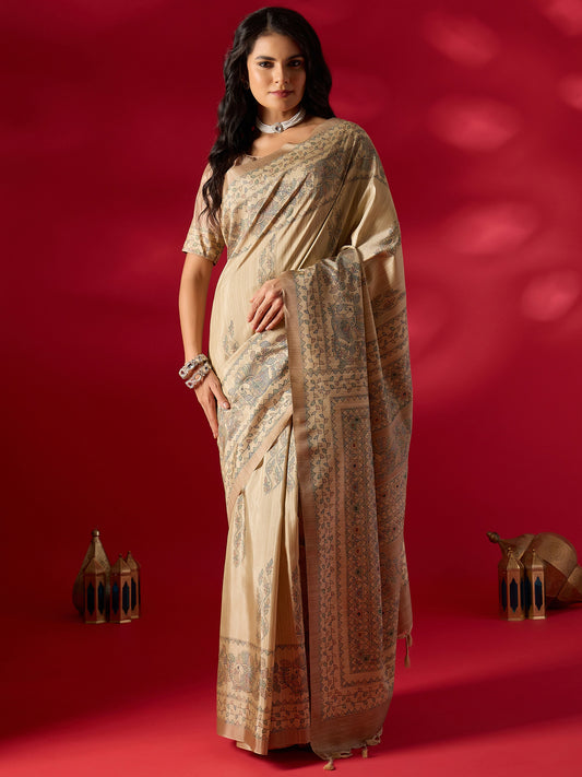 Beige Kalamkari Digital Print Art Silk Saree