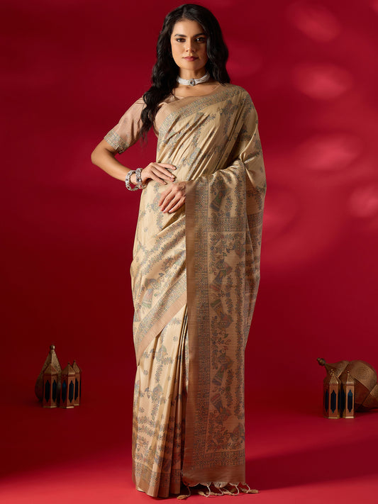 Beige Kalamkari Art Silk Saree