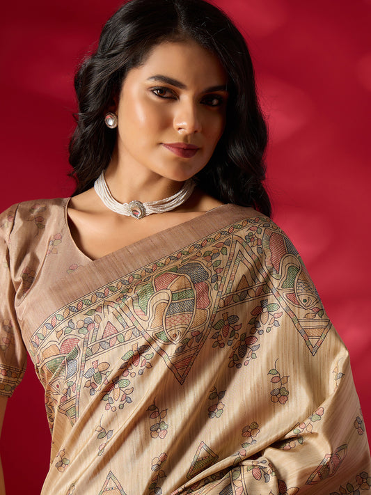 Beige Kalamkari Geometric & Floral Art Silk Saree