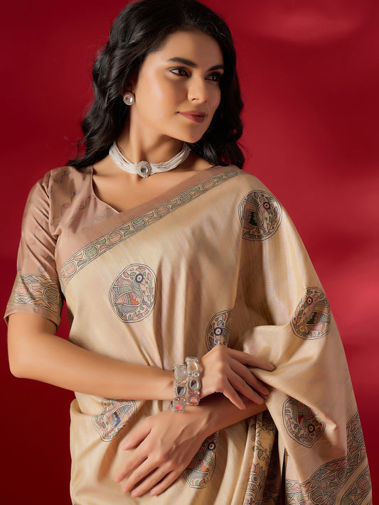 Beige Kalamkari Art Silk Saree