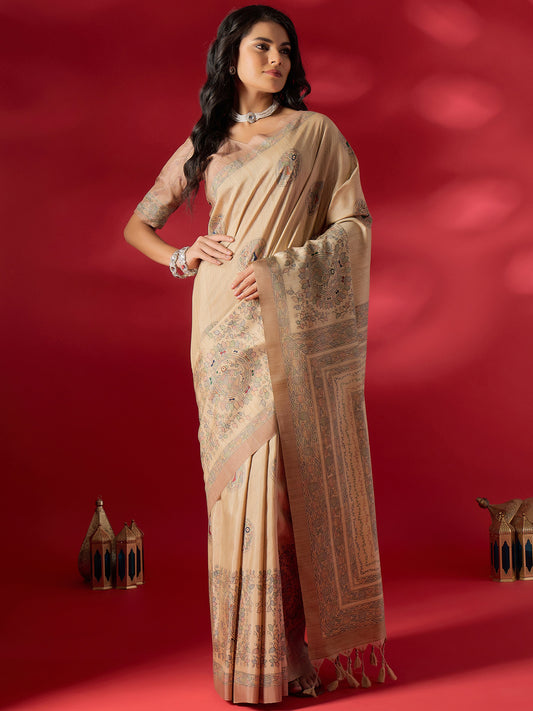 Beige Kalamkari Art Silk Saree