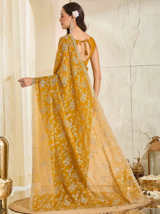 Aahana Mustard Embellished Tissue Saree with Embroidered Border & Mustard Blouse Piece