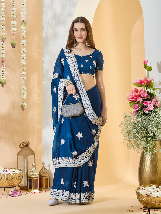Sumitra Teal Blue Embroidered Georgette Saree with Scallop Border & Teal Blue Blouse Piece