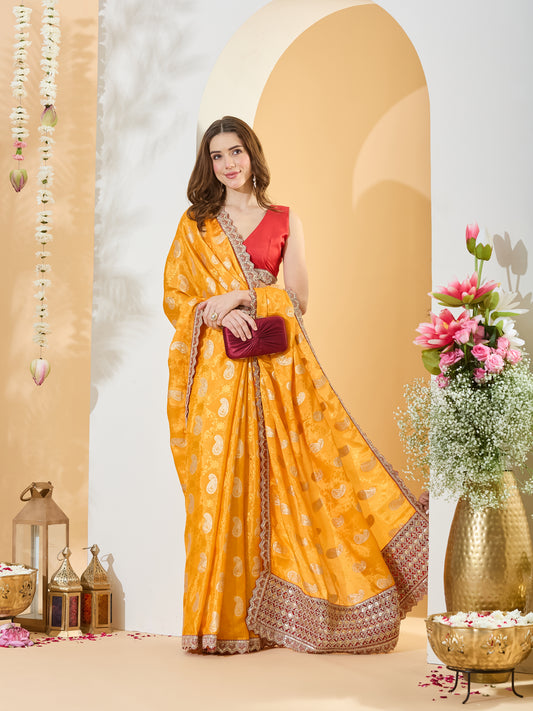 Dhriti Orange Zari Butta Viscose Silk Saree with Embellished Border & Red Blouse Piece