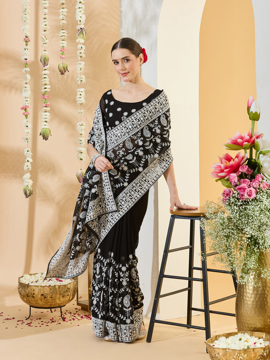 Sharvani Black Embroidered Georgette Saree with Embellished Border & Black Blouse Piece