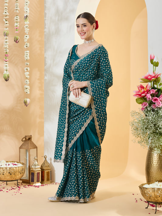 Ananya Teal Blue Embellished Satin Saree with Embroidered Border & Teal Blue Blouse Piece