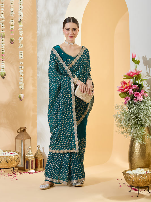 Ananya Teal Blue Embellished Satin Saree with Embroidered Border & Teal Blue Blouse Piece