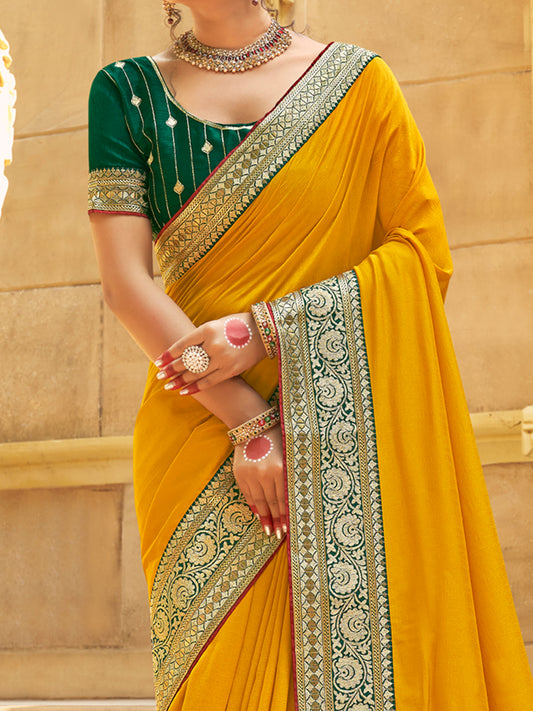 Yellow Silk Saree with Green Banarasi Border