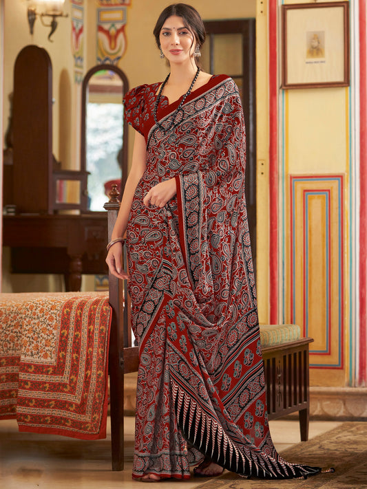 Maroon Traditional Block Printed Saree
