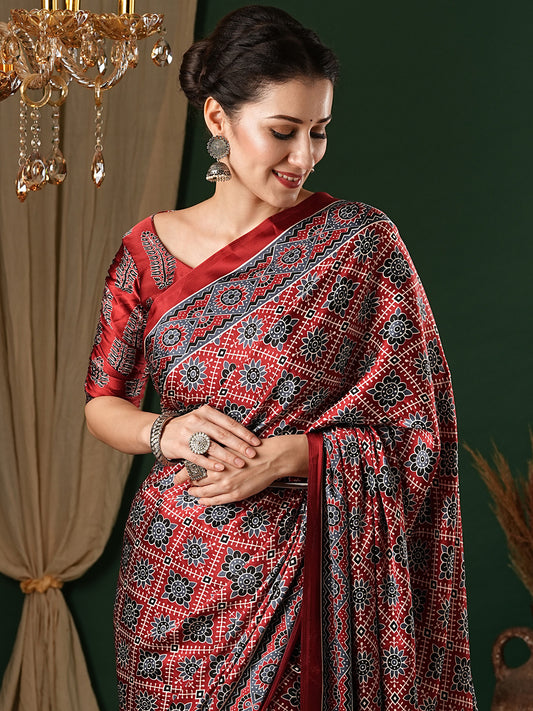 Maroon Crepe Ajrakh Block Printed Saree