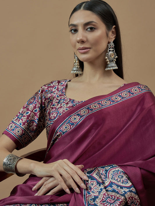 Wine Ajrakh Print Saree
