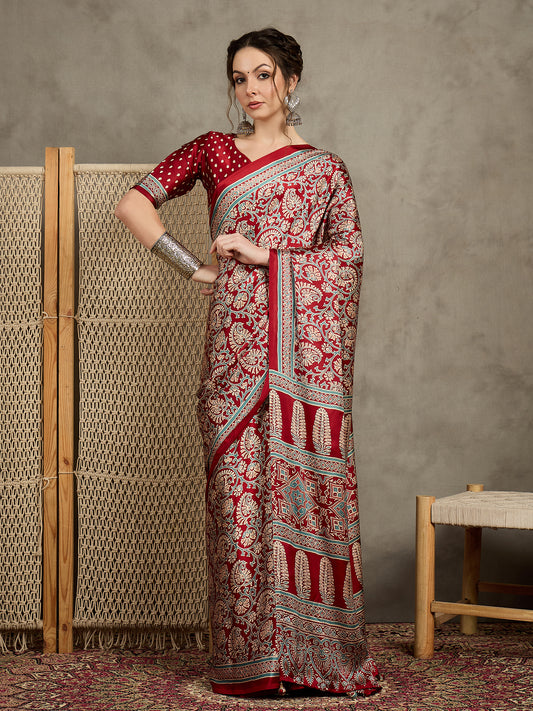 Maroon Silk Kalamkari Floral Print Saree