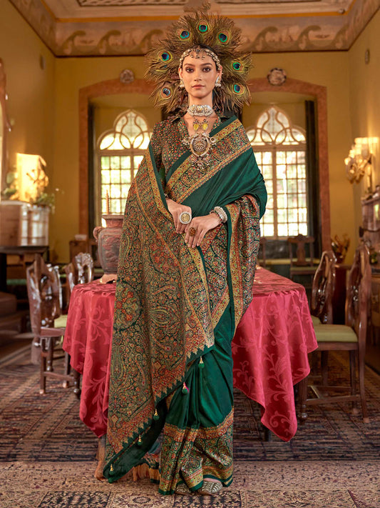 Dark Green Kalamkari Inspired Silk Blend Saree