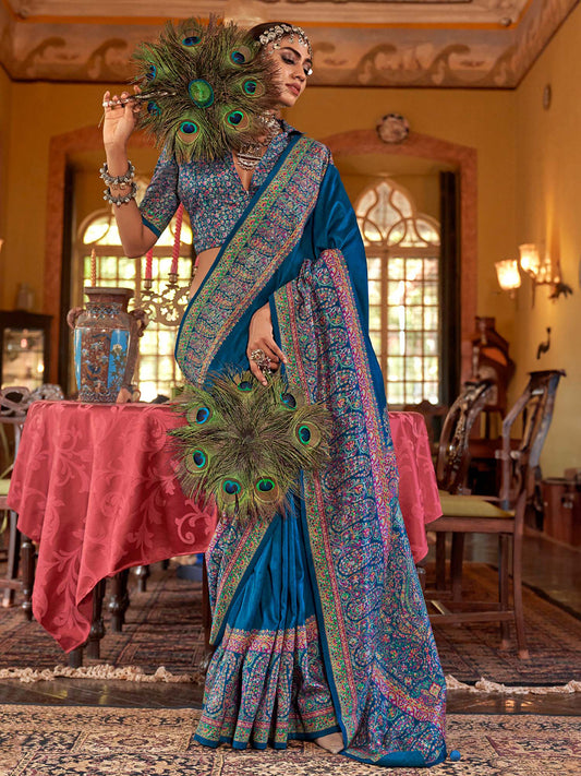 Teal Blue Silk Blend Heritage Floral Print Zari Woven Border saree