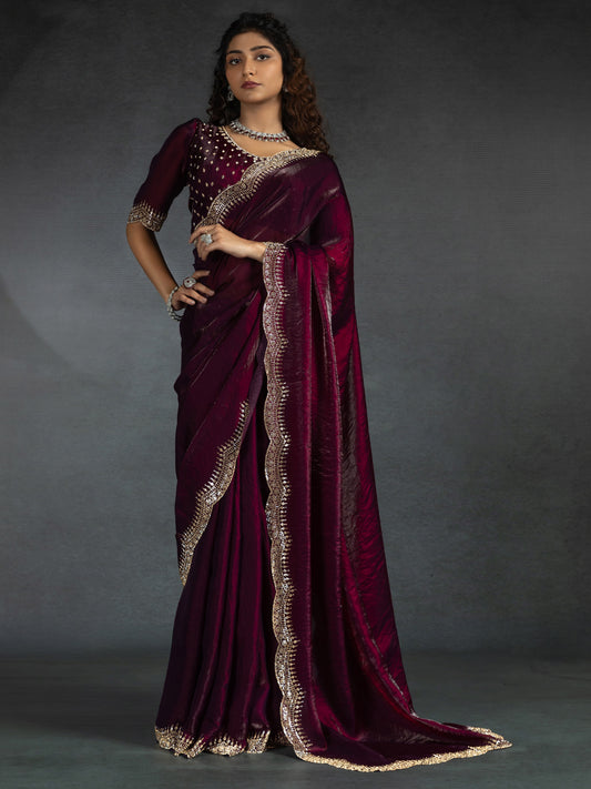 Deep Purple Embellished Beads and Stones Satin Sarees
