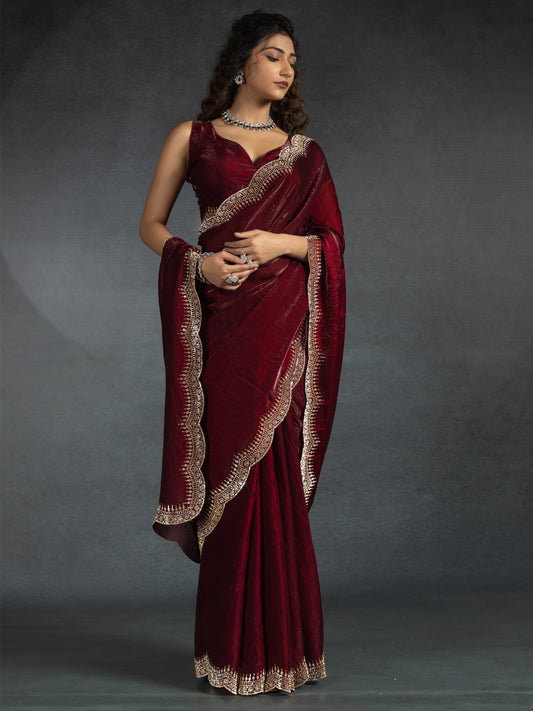Deep Maroon Beads and Stones Satin Saree