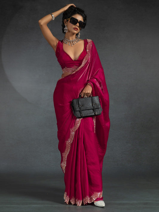 Rani pink Satin Stone Work  Saree