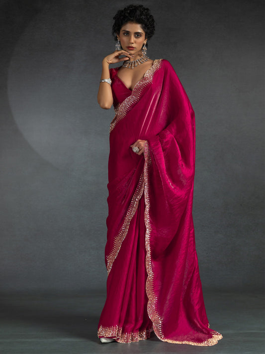 Rani pink Satin Stone Work  Saree
