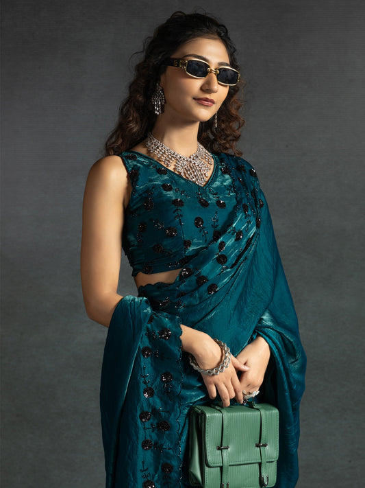 Teal Blue Satin Silk Sequin Embroidered Saree