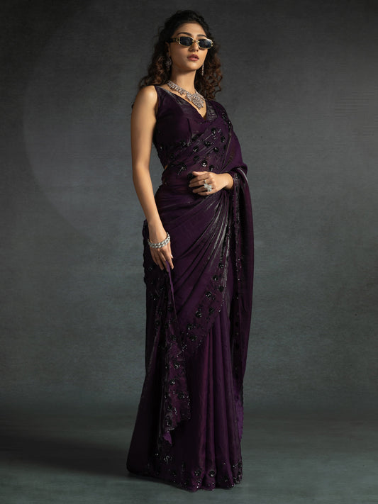 Deep Violet Embellished Fendi Satin Saree