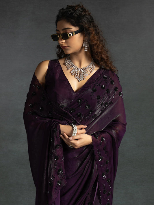 Deep Violet Embellished Fendi Satin Saree
