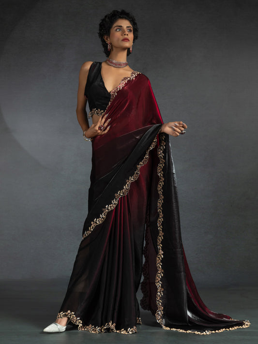 Ombre Dyed Beads and Stones Satin Saree