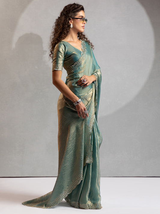 Teal Blue Tissue Silk Blend Scalloped Saree