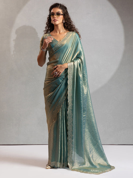 Teal Blue Tissue Silk Blend Scalloped Saree