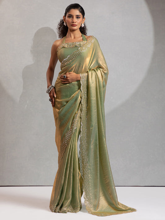 Pista Green Tissue Silk Blend Scalloped Saree