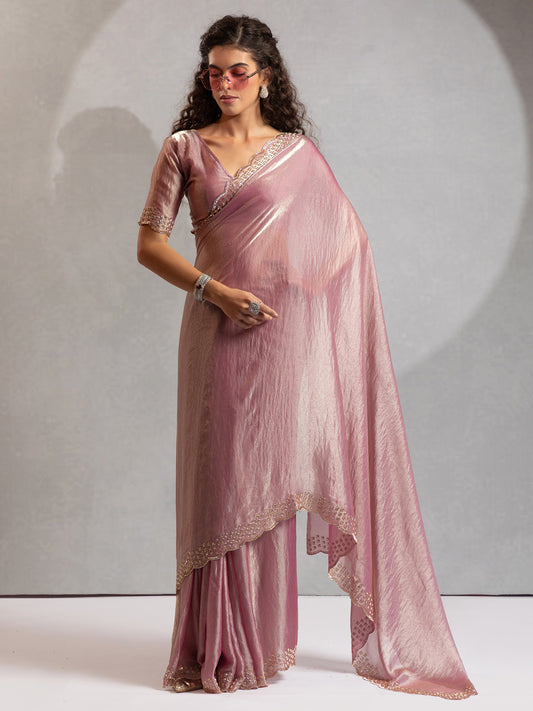 Dusty Lavender Tissue Silk Embroidered Border Modern Aesthetic Saree