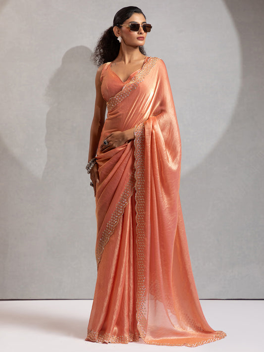 Peach Polyester Embroidered Border Modern Aesthetic Saree