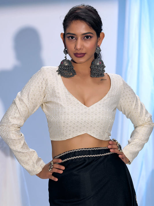 Black Satin Saree with Silver Lace Border & Embroidered Blouse