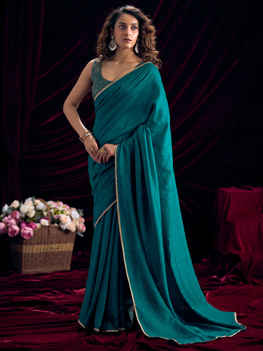 Teal Georgette Saree with Embroidered Blouse