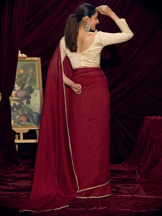 Crimson Silk Saree with Gold Lace Border & Embroidered Blouse