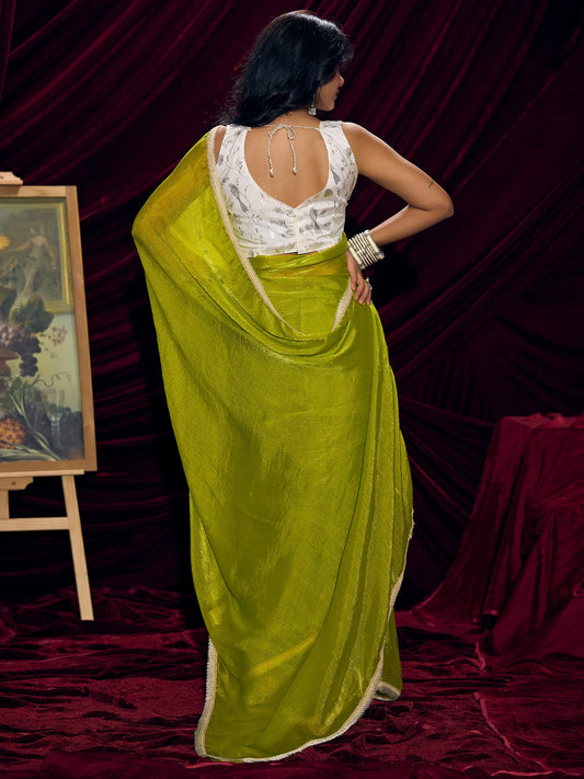 Lime Green Organza Saree with Embroidered Blouse