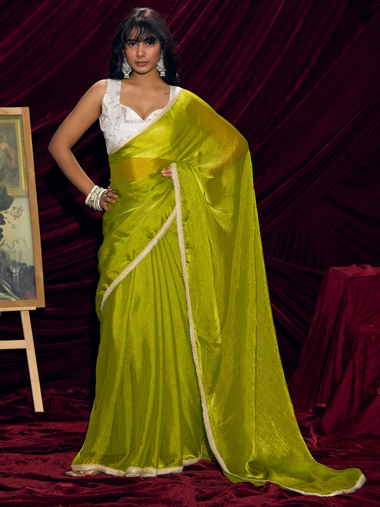 Lime Green Organza Saree with Embroidered Blouse