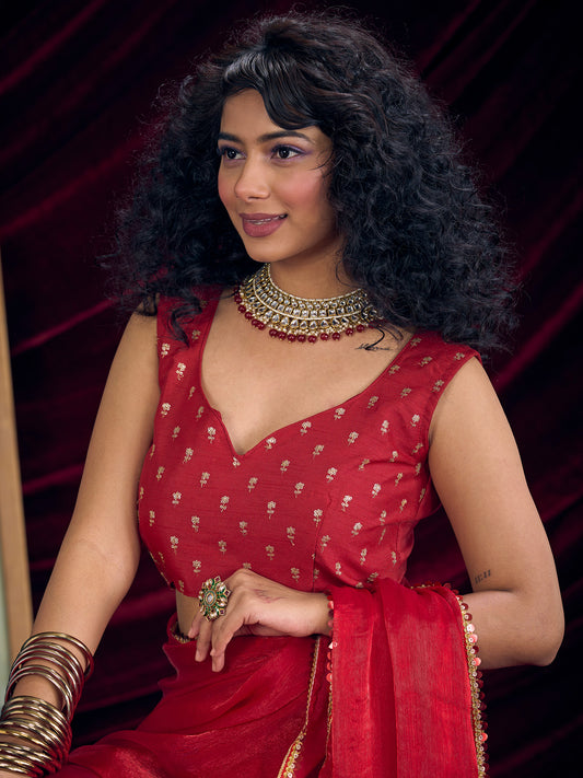 Crimson Organza Saree with Gold Lace Border
