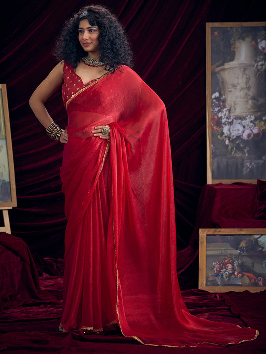 Crimson Organza Saree with Gold Lace Border