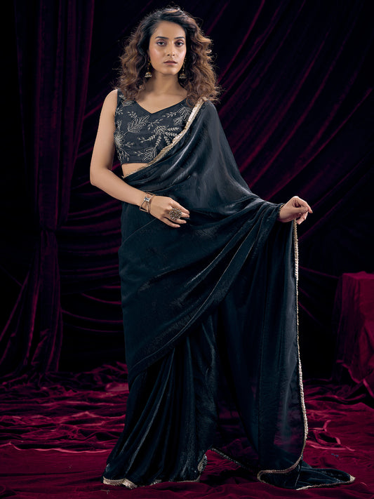 Black Satin Saree with Embroidered Blouse