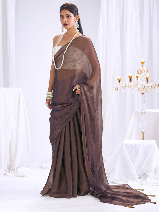 Chocolate Brown Organza Saree with Embroidered Blouse