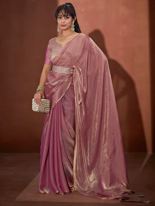 Pink Tissue Saree with Sequin Embroidered Blouse