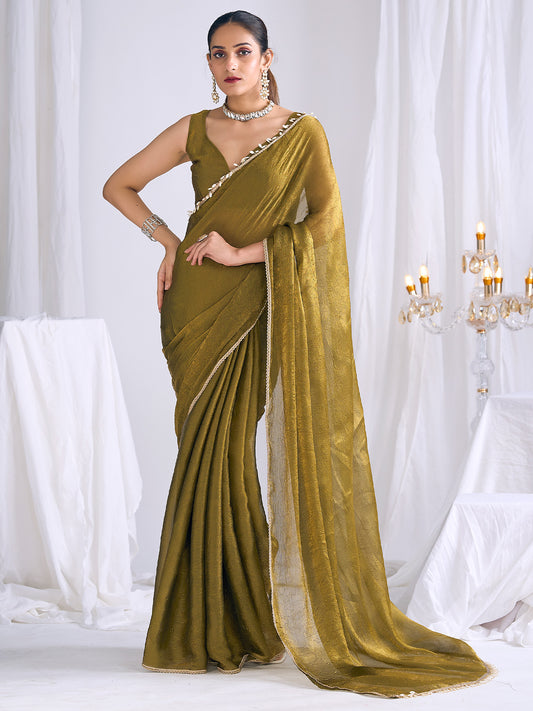 Olive Gold Tissue Saree with Shell Border & Blouse